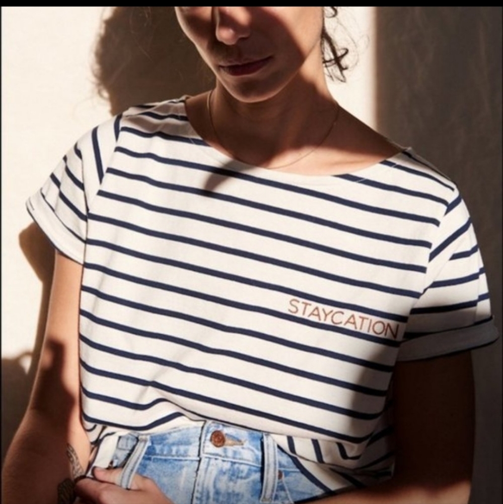 MADEWELL Staycation Embroidered Boxy Blue White Stripe Tee NWOT